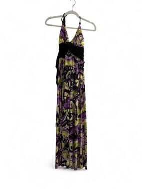 Women's Y2k Green, Purple & Brown Print Halter Maxi Dress